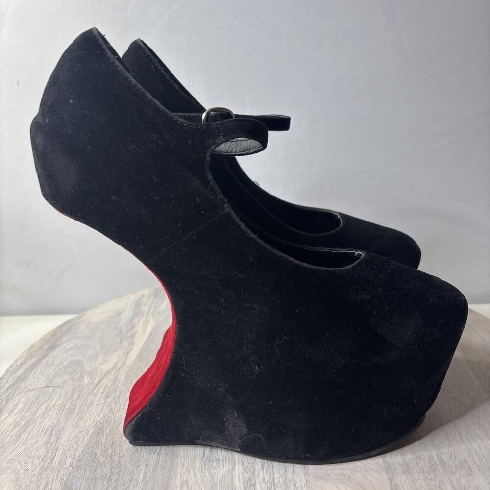 Black Platform Wedge Mary Jane Heels Womens Size 10 Faux Suede Gothic Punk - Picture 2 of 11